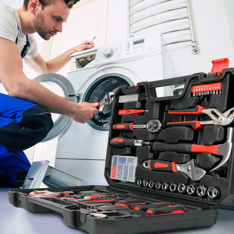 All In One 38 Piece Home Tool Kit with Portable Box displayed open near a washing machine repair scene, featuring durable chrome-plated tools.