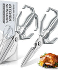 Heavy Duty Two Pack Kitchen Scissors Set For Food With Bone Cutting Blades, Includes Poultry Shears And All Purpose Kitchen Shears, Made From 3Cr13Mov Stainless Steel, Built To Rip Through Tough Bones. Two stainless steel kitchen shears beside box and roast chicken