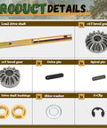 146059 Power Landing Gear Repair Kit components including drive shaft, bevel gears, bushings, pins, washer, and clip for RVs.
