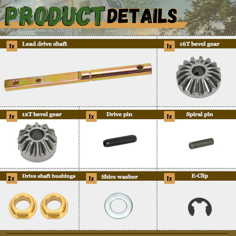 146059 Power Landing Gear Repair Kit components including drive shaft, bevel gears, bushings, pins, washer, and clip for RVs.
