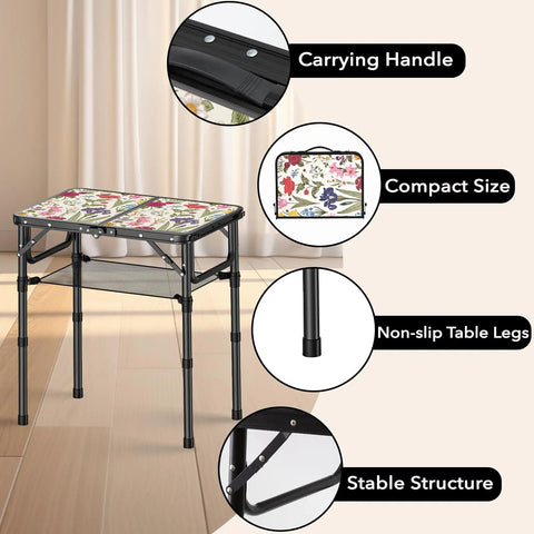 Small Camping Table With Vintage French Floral Pattern Folding Design Adjustable Height Lightweight Portable Picnic Table With Carry Handle For Patio Living Room And Travel shown with black legs and floral top.