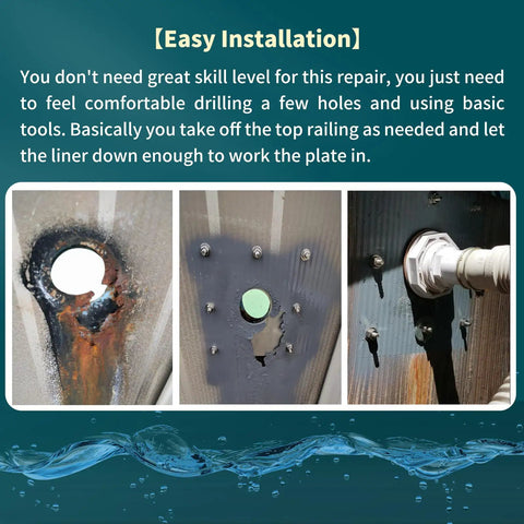 Upgraded RT0 Water Return Repair Kit for rusty pool walls, repair process showing hole fix and connection installation