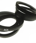 Two Pack A64 Or 4L660 V Belt Half Inch By Sixty Six Inch Rubber Belts For Lawn Tractors And Small Equipment Durable Replacement Two Piece Set Ideal For Belt Drives On Garden Tractors And Small Machinery With Strong Rubber. Two black A64 V-belts, rubber drive belts for lawn tractors