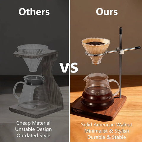 Premium Sturdy North American Black Walnut Pour Over Coffee Maker Stand with adjustable holder and stylish design.