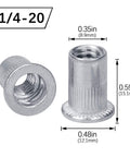 100 Pack 1 4 20 Aluminum Flange Rivet Nuts With UNC Threads Flat Head Threaded Insert Nuts For 0.7mm To 4mm Grip Range, 8.9mm Body Diameter