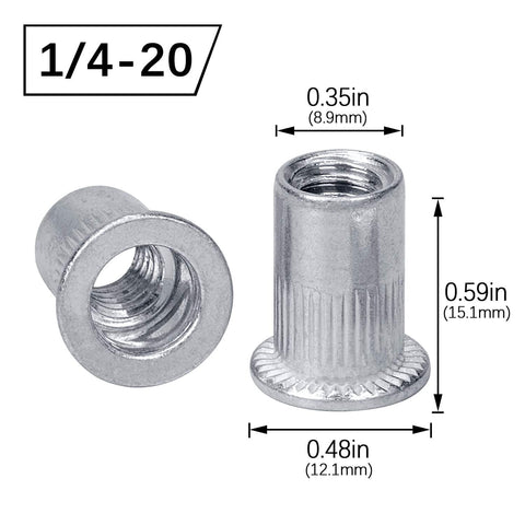 100 Pack 1 4 20 Aluminum Flange Rivet Nuts With UNC Threads Flat Head Threaded Insert Nuts For 0.7mm To 4mm Grip Range, 8.9mm Body Diameter