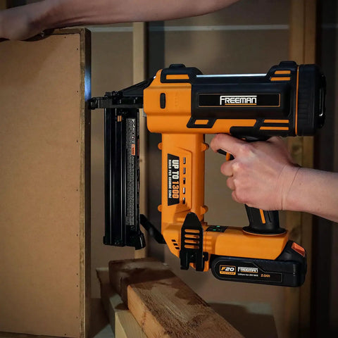 20 Volt Cordless 18 Gauge Narrow Crown Stapler One Point Five Eight Inch Tool Only Delivers Up To 1300 Shots Per Charge in use