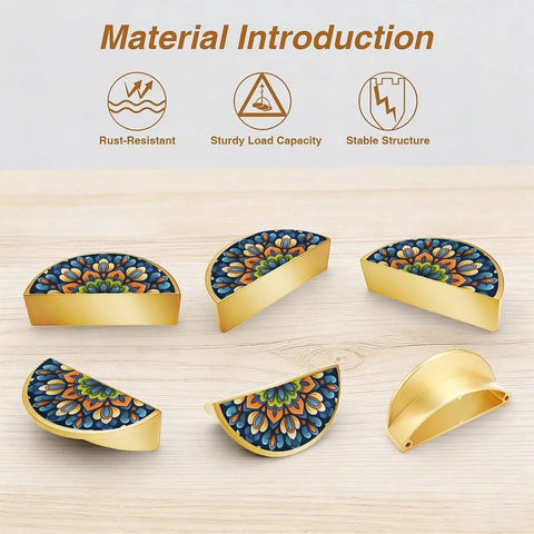 Dark Gradient Floral Mandala Cabinet Handles 2 Pack, 3 Inch Hole Center Semicircle Drawer Pulls, Solid Zinc Alloy, Gold Finish
