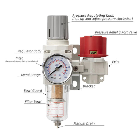 Diagram of Pneumatic Air Compressor Filter Regulator Combo One Quarter Inch NPT 0 To 120 PSI Range with labeled parts