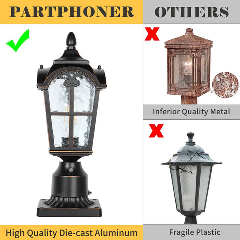 Hardwired 120V Dusk To Dawn Outdoor Post Light Black Roman Aluminum Pole Lamp With Pier Mount Base shown in comparison