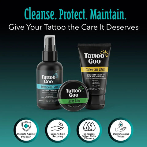 Tattoo Aftercare Kit 3 Piece Set With Antimicrobial Soap, Tattoo Balm, And Healing Lotion for fresh ink and piercing care.