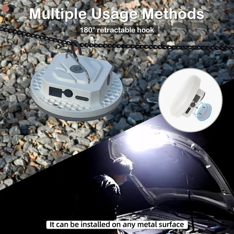 4000LM Rechargeable Hangin Camping Tent Light With Magnet hanging from chain showing magnetic base and bright light