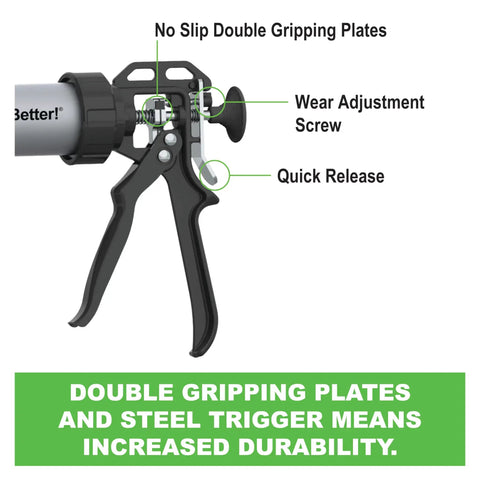 B-Line 20 Oz Manual Sausage Caulking Gun With 12:1 Drive featuring double gripping plates and quick release mechanism
