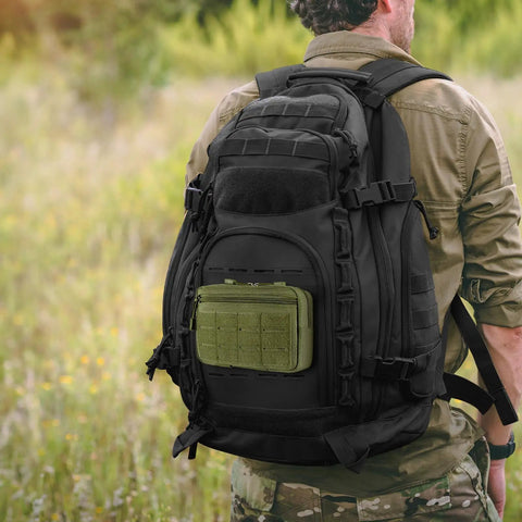 Laser Cut Molle Admin Pouch For EDC Gear attached to black backpack, Army Green, showing horizontal layout with PALS panels.