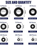 900 Piece Nylon Flat Washer Assortment Kit With Black Plastic Washers For Bolts And Screws M2 Through M12 Ideal For Home And Workshop Use On The Job Site, showing size and quantity chart