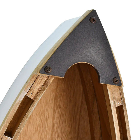 Close-up of top corner detailing on Wooden Boat Shelf With Three Shelves For Beachy Nautical Decor Free Standing Coastal Wall Display