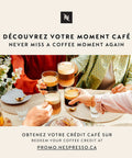 Group toasting with coffee in glass mugs, promotional text above, promoting coffee moments, floral decor on table.