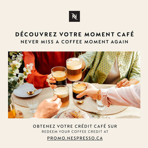 Group toasting with coffee in glass mugs, promotional text above, promoting coffee moments, floral decor on table.