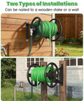 Heavy Duty Wall Mounted Garden Hose Reel With One Hundred Twenty Five Feet Of Five Eighths Inch Capacity Installed on wall and stake