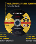 Four Point Five Inch Cut Off Wheels For Metal And Stainless Steel 50 Pack Aggressive Thin Cutting Discs with label showing specs and safety features.
