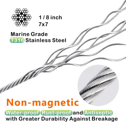 Heavy Duty One Eighth Inch T316 Stainless Steel Aircraft Cable Wire Rope For Deck Railing Kit Non Magnetic Marine Grade