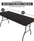 Waterproof Elastic Fitted Vinyl Table Cover 30x72 With Flannel Backing, installed on a 6-foot folding table for outdoor use.
