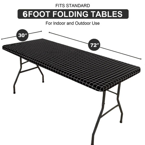 Waterproof Elastic Fitted Vinyl Table Cover 30x72 With Flannel Backing, installed on a 6-foot folding table for outdoor use.