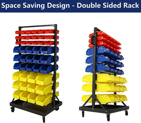 Heavy Duty Rolling Steel Storage Rack With Wheels, 90 Bin Organizer, 9-Tier Dual-Sided Garage Shelf showcasing red, blue, yellow bins