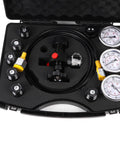 Nitrogen Shock Fill And Accumulator Charging Kit with three gauges, adapters, gas hose in storage case for car suspension and hydraulic systems