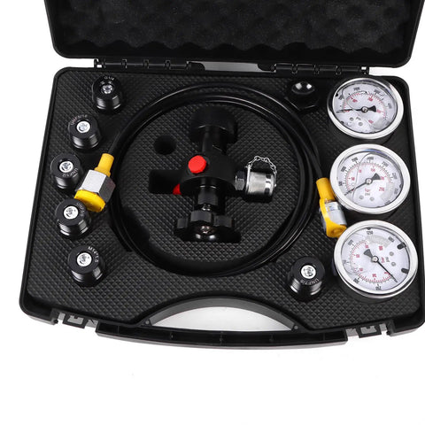 Nitrogen Shock Fill And Accumulator Charging Kit with three gauges, adapters, gas hose in storage case for car suspension and hydraulic systems