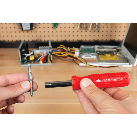 Hella Grippy Heavy Duty Red Handle Six In One Quick Change Multi Bit Screwdriver With Dual Nut Drivers And Phillips Bits for electronics repair.