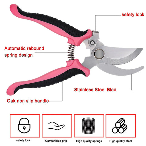 All In One Three Piece Gardening Pruning Set With Bypass Pruners Straight Snips And Floral Shears For Trimming Branches Stems Roses Hedges Herbs Tomatoes And More Outdoor Indoor Garden Tools Pink with stainless steel blade and oak non-slip handle