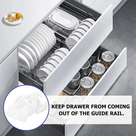 20 Pack Plastic Bottom Mount Drawer Slides Replacement Parts For Dresser Cabinets And Wardrobes White Hardware Durable Easy Install Crab Shaped Design For Smooth Glide And Quick Fix shown in open drawers with dishes and jars.