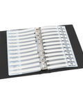 Capacitor Sample Kit For Engineers And Students, 84 Value Types With 50 Pieces Each, Total 4200 Capacitors, open ring-binder book with labeled ceramic capacitor strips