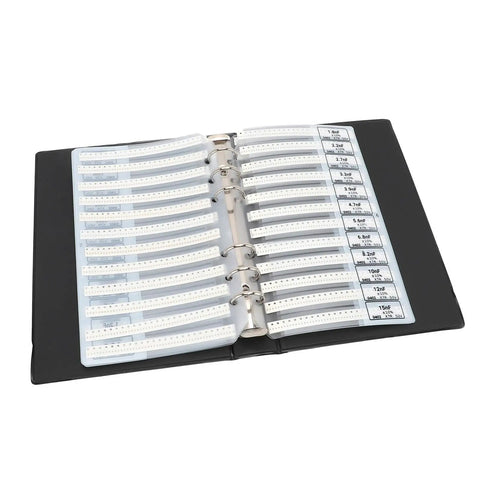 Capacitor Sample Kit For Engineers And Students, 84 Value Types With 50 Pieces Each, Total 4200 Capacitors, open ring-binder book with labeled ceramic capacitor strips