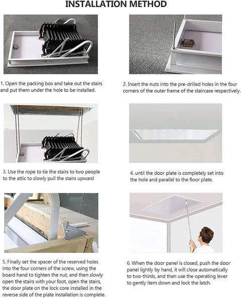 Installation process of Built Like A Tank Automatic Electric Attic Ladder Wall Mounted Folding Stairs with Remote Control.