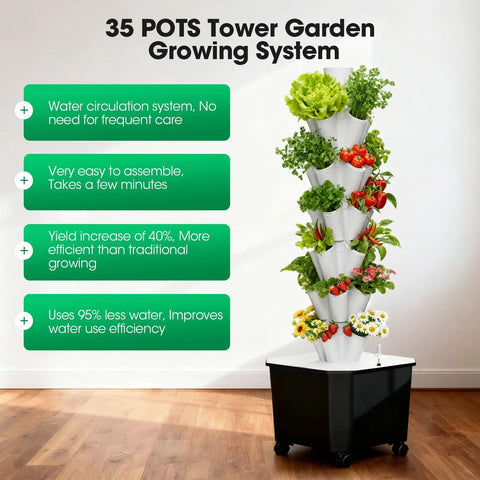 7 Layer 35 Pod Hydroponic Tower Garden System With 12V Pump And 24 Hour Smart Timer for efficient indoor outdoor growing