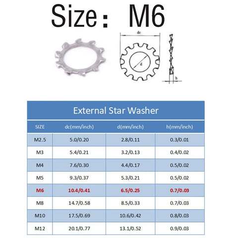 304 Stainless Steel External Tooth Star Lock Washers Kit With Circlips Snap Rings, M6 Size, size chart and diagram view