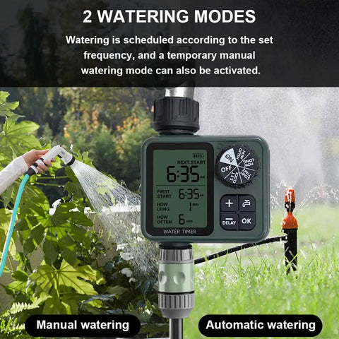 Programmable Outdoor Garden Hose Water Timer With Rain Delay And Manual Override on lawn, showing digital display