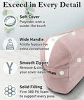 Rectangular Yoga Bolster Set With Carry Handle And 8 Foot Strap Restorative Soft Meditation Pillow Durable 38D Foam Filling Machine Washable Cover Great For Deep Stretchin And Safe Cushioned Support, pink suede cover with handle