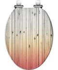Elongated Quiet Close Toilet Seat for Bathroom with wood pattern design, round shape, suitable for most toilet sizes.