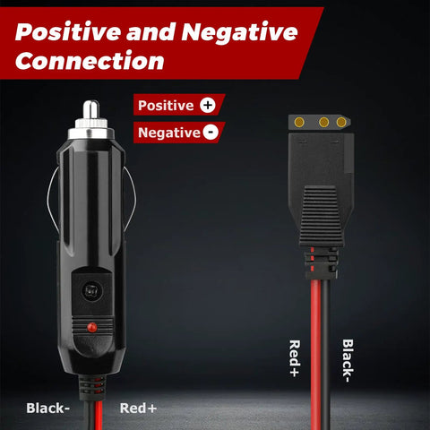 2 Pack CB Radio Power Cord With 12V Lighter Plug and 3 Pin 2 Wire, showing positive and negative connection details.