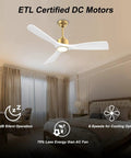 52 Inch Smart Ceiling Fan With Lights Remote Control Quiet DC Motor 3 Blades White Gold Modern Design For Bedroom