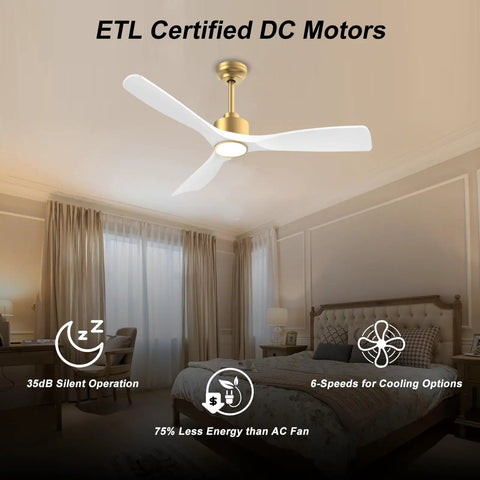 52 Inch Smart Ceiling Fan With Lights Remote Control Quiet DC Motor 3 Blades White Gold Modern Design For Bedroom