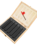 Five carbide turning tools with 60°, 75°, 90° indexable tips in a foam-lined wooden case