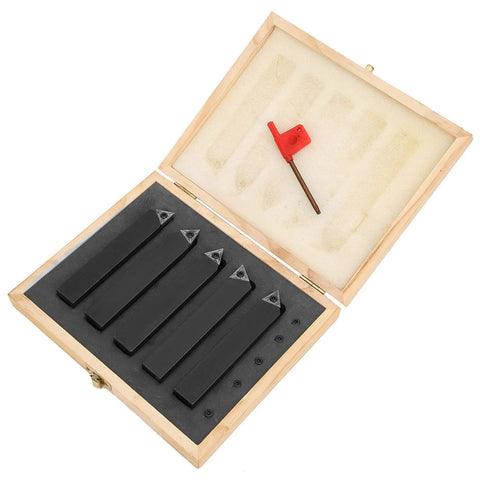 Five carbide turning tools with 60°, 75°, 90° indexable tips in a foam-lined wooden case