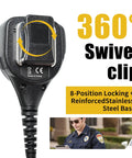 Back view of Workhorse Walkie Talkie Speaker Microphone With 3.5mm Audio Jack for Hytera, showing 360 swivel clip.