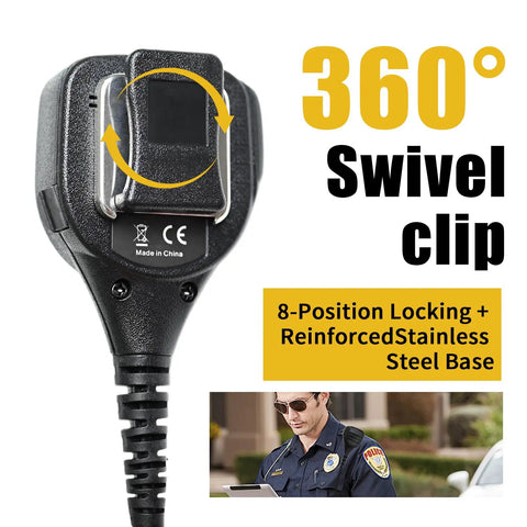 Back view of Workhorse Walkie Talkie Speaker Microphone With 3.5mm Audio Jack for Hytera, showing 360 swivel clip.