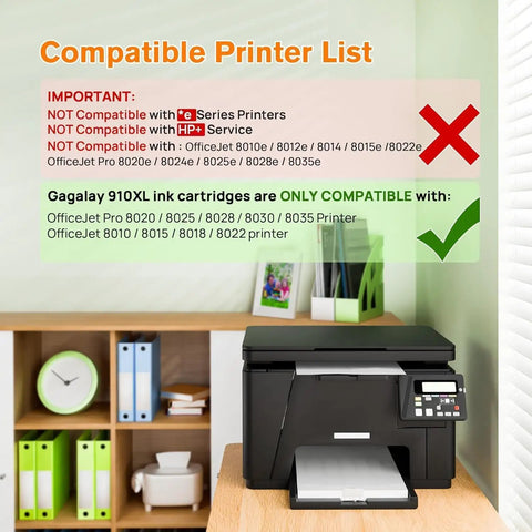 Printer compatibility list and a printer showing 910XL Ink Cartridges Combo Pack For OfficeJet Pro Printers Black And Color 4 Pack Compatible With 8020 8010 8015 High Yield Ink For Vivid Prints And True To Life Color Bulk Multipack.