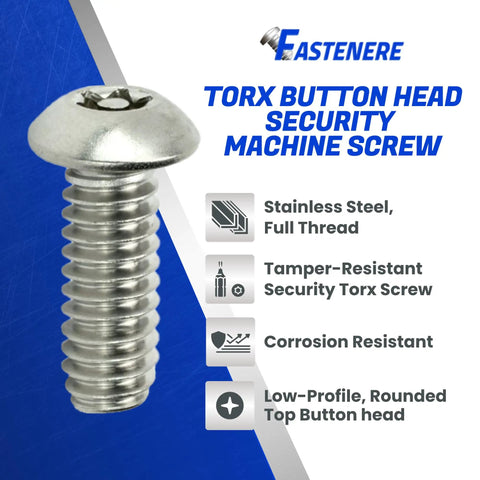 Close-up of Dead Tight Torx Security Machine Screws Crafted From Rust Resistant Stainless Steel, showcasing tamper resistant button head.
